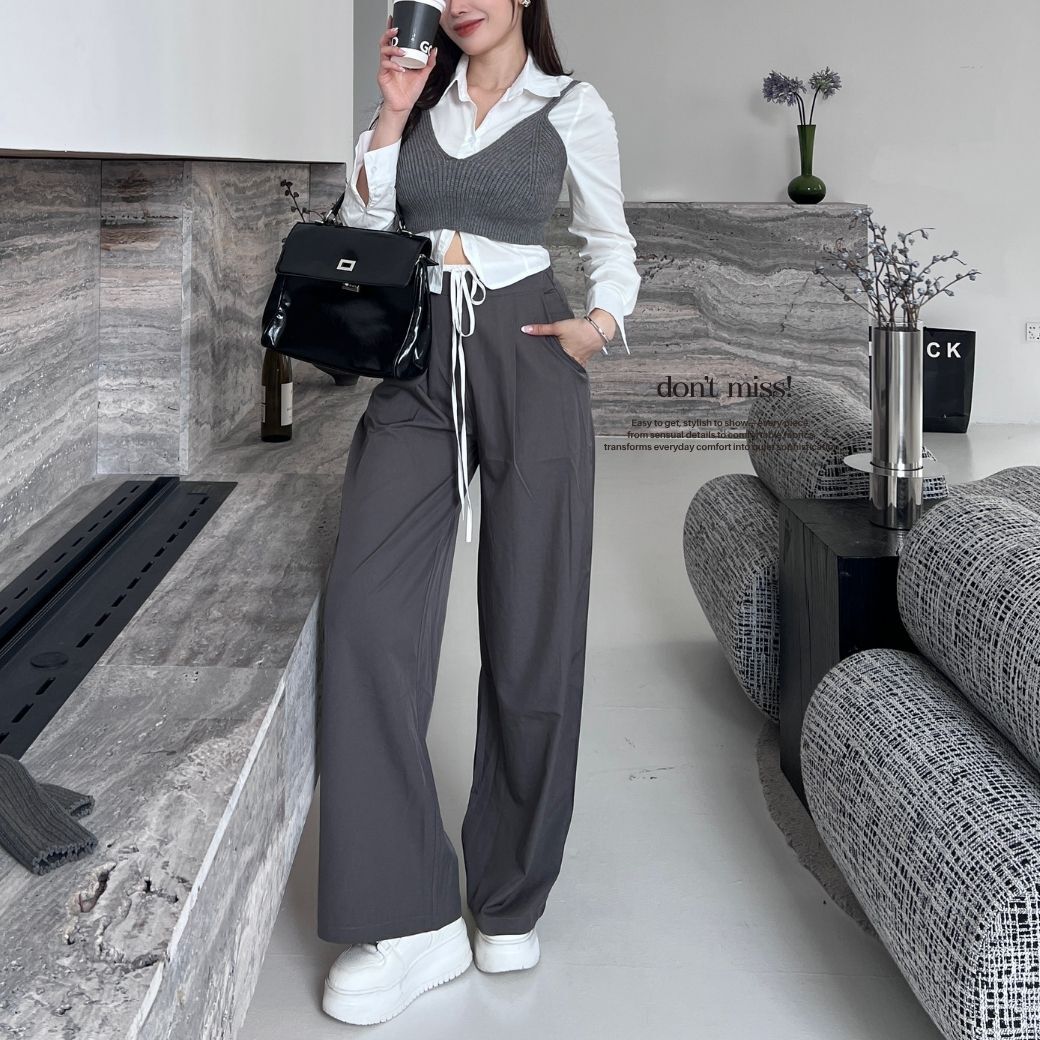 【灰色極簡】DOMISS顯瘦撞色鬆緊寬褲 西裝長褲 寬褲