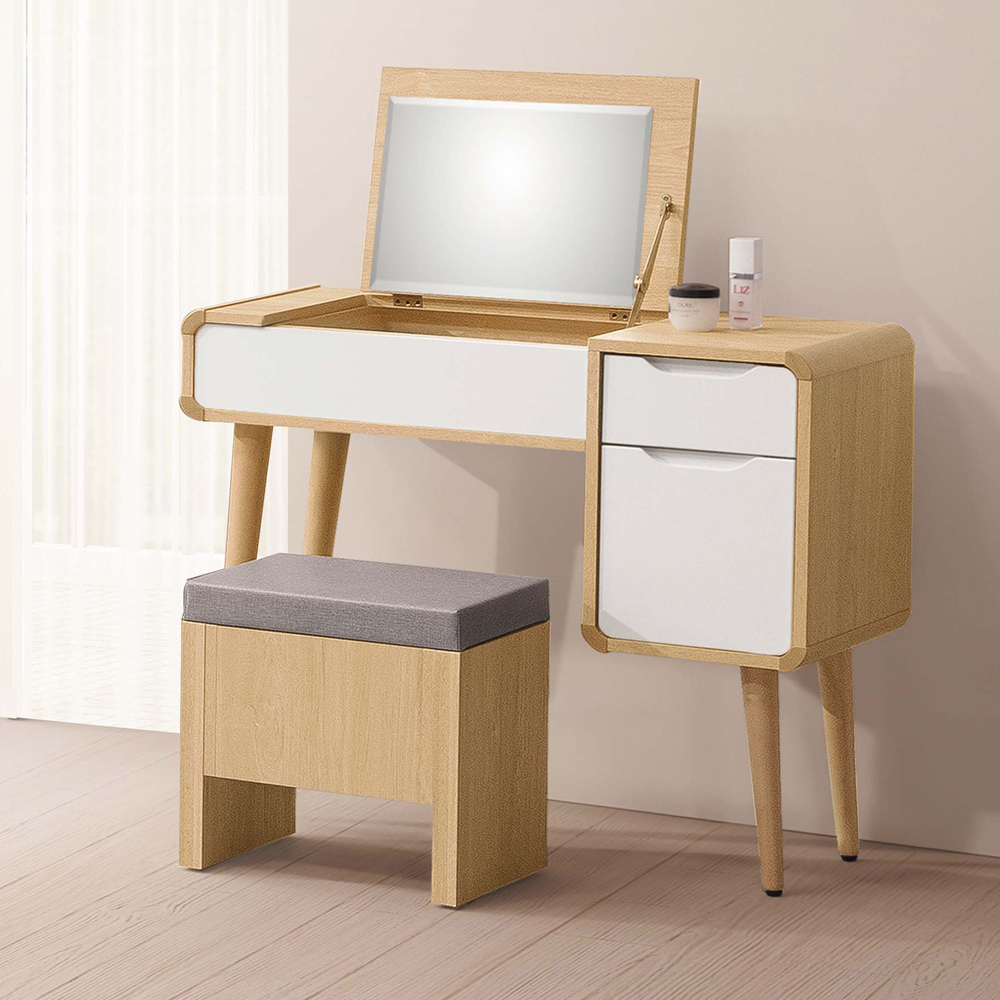 曼特3尺北歐風掀蓋式化妝桌/鏡台/梳妝台(贈化妝椅)
