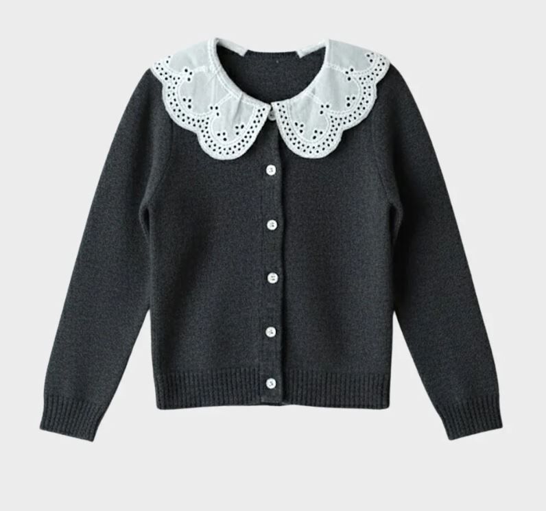 mes kids des fleurs 蕾絲花領開襟衫 Lace collar sweater-black
