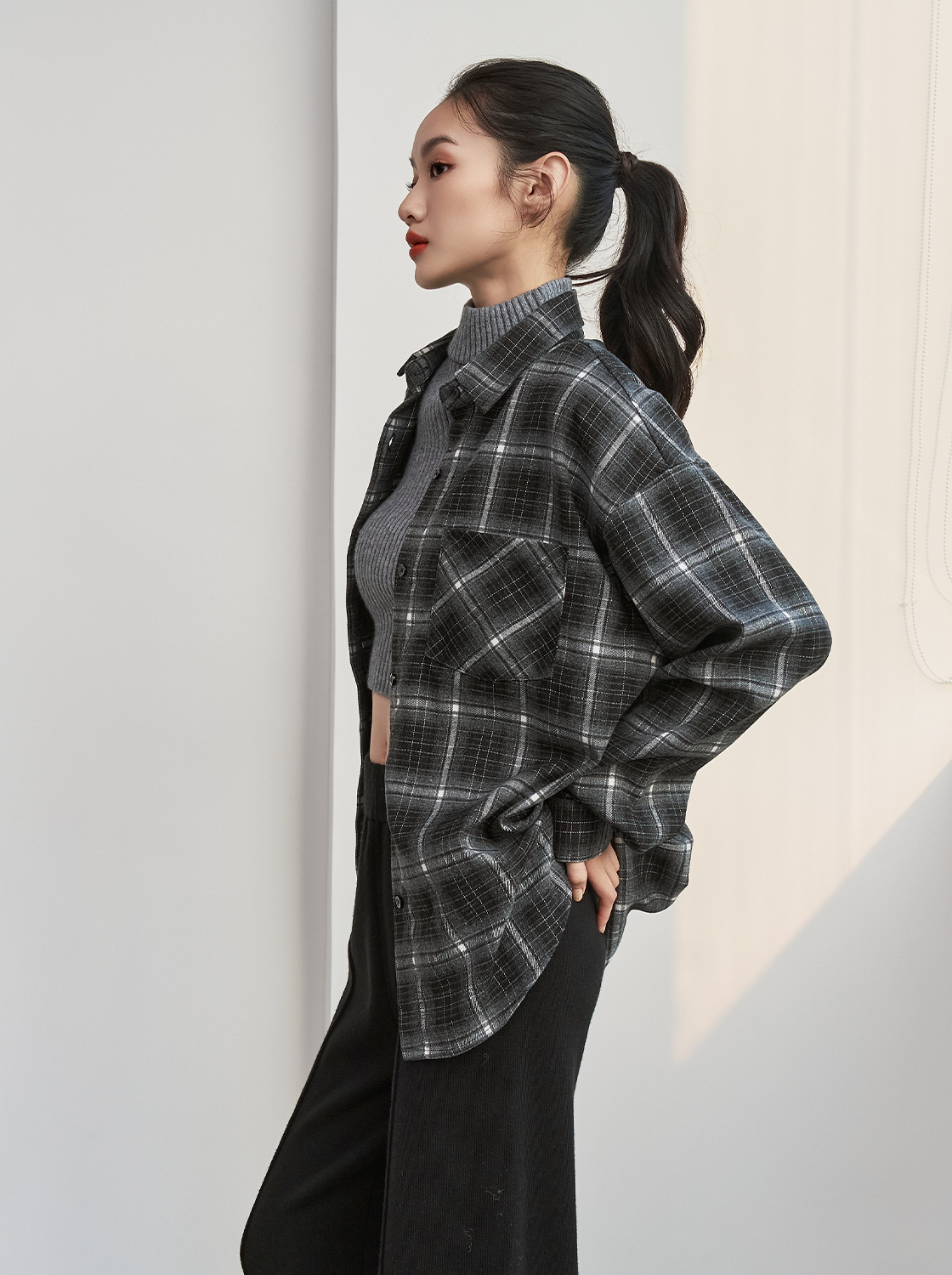 格紋長袖襯衫