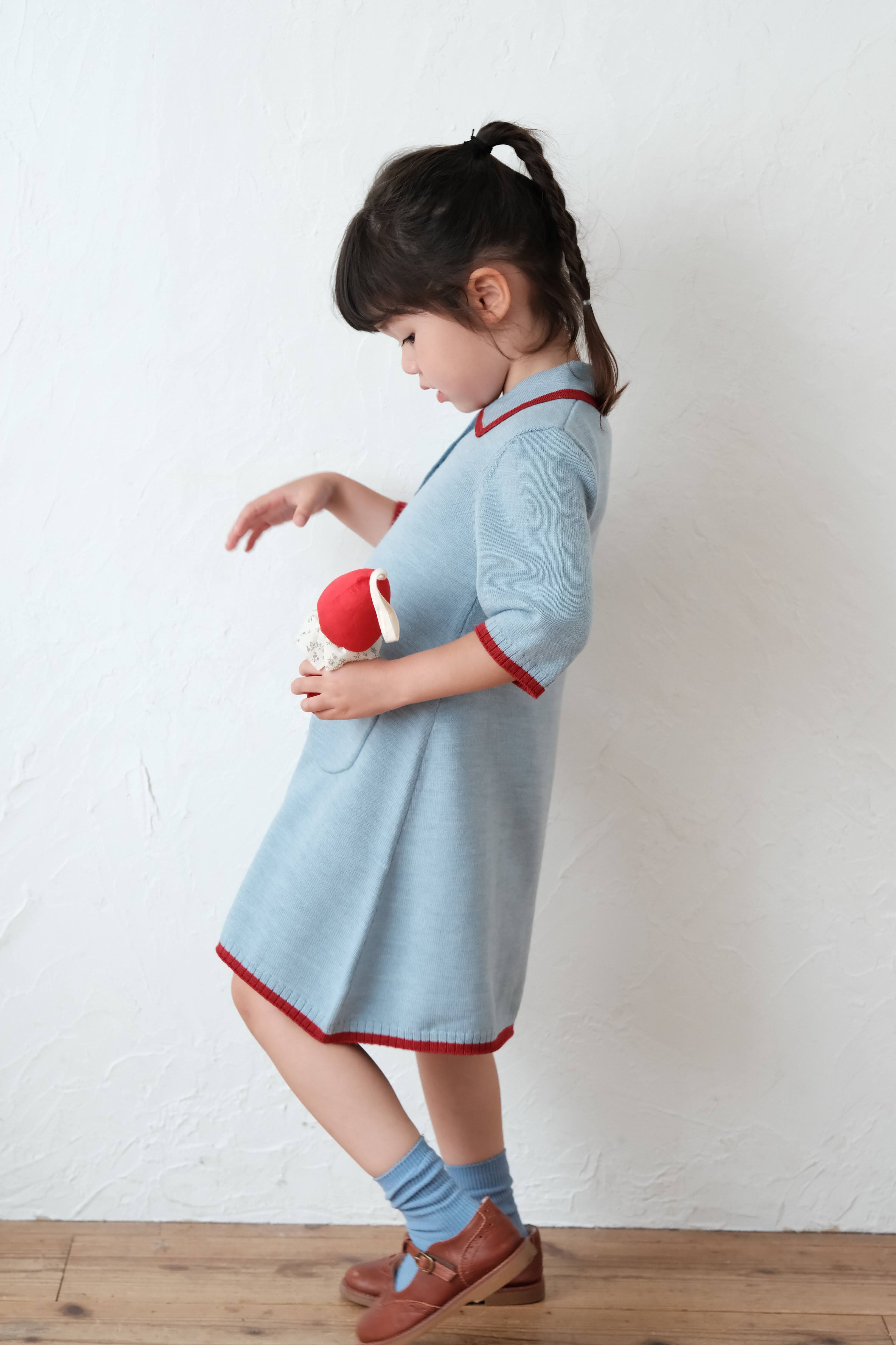 mes kids des fleurs 跳色邊針織洋 Knitted dress - blue