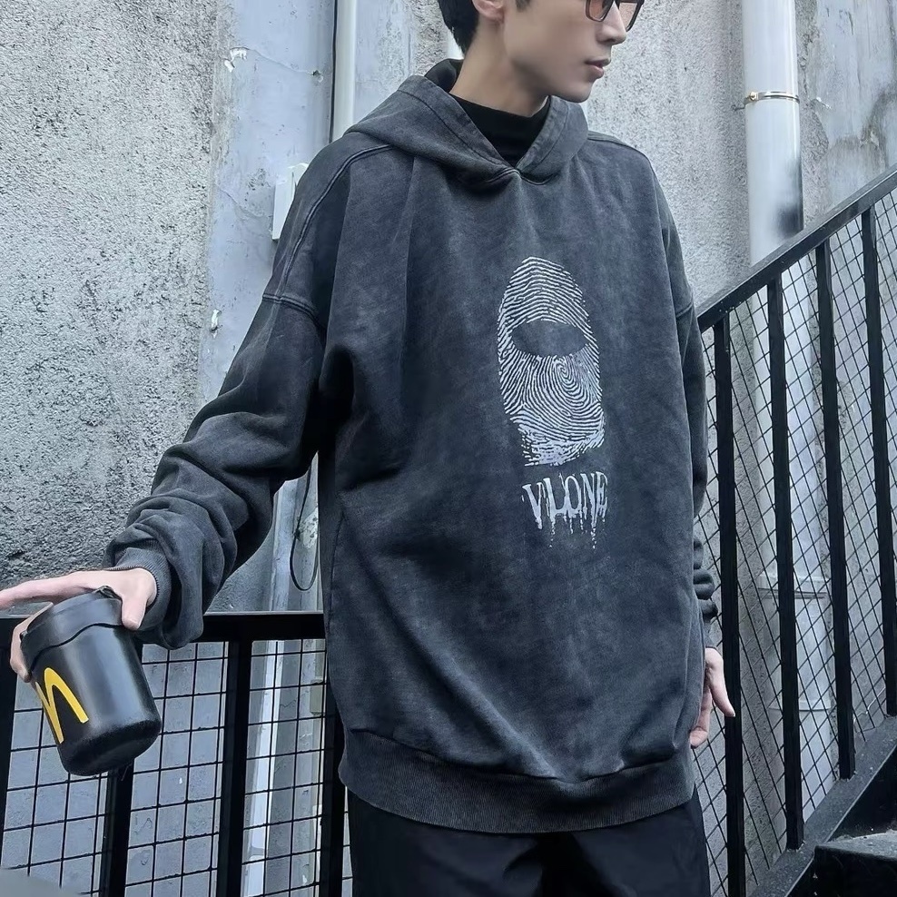 VLone Finger Print Logo 'Washed Grey'  staple hoodie 復古水洗 仿舊 指紋 背後大V 連帽上衣 帽踢 帽Tee 兩色