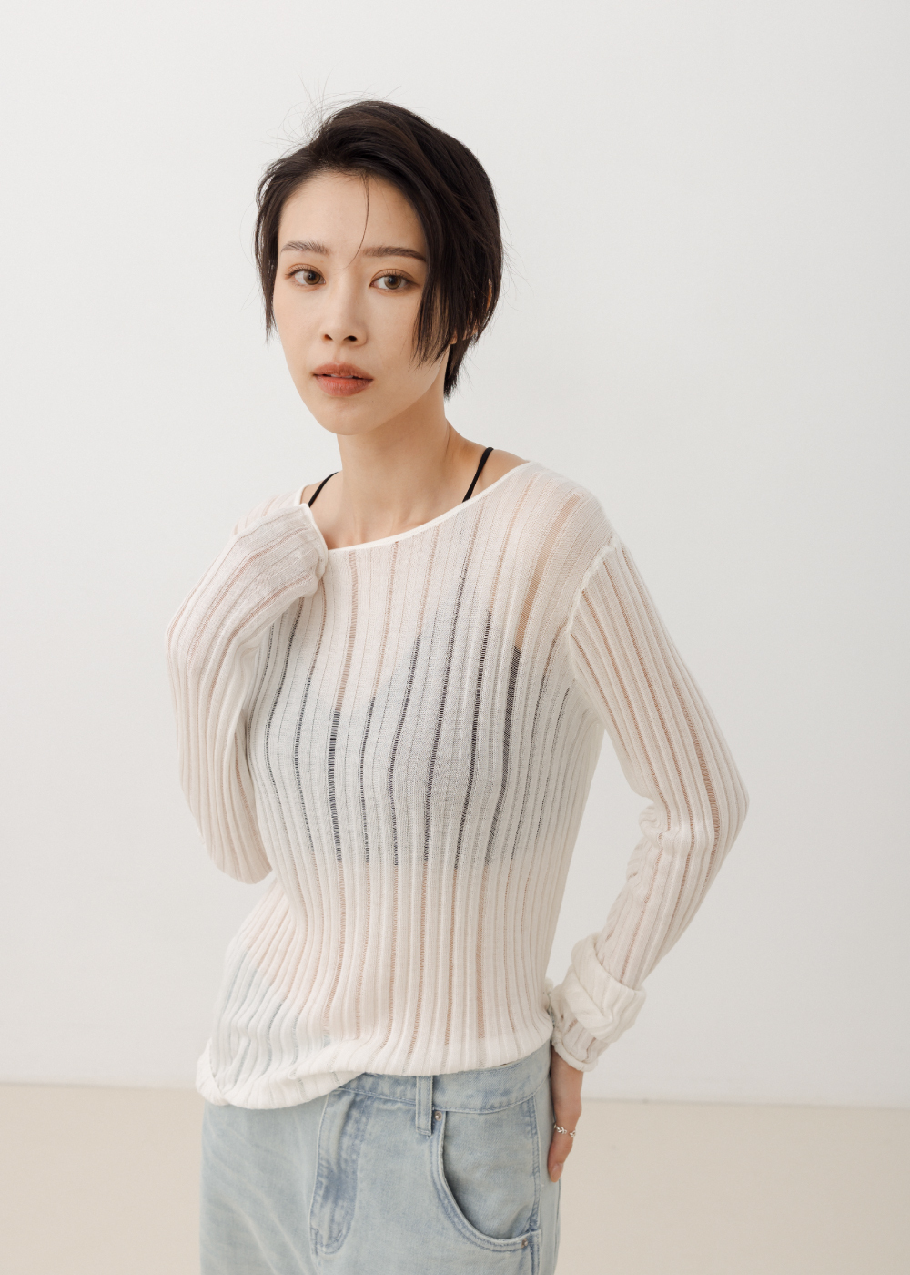 天絲羊毛微透針織上衣