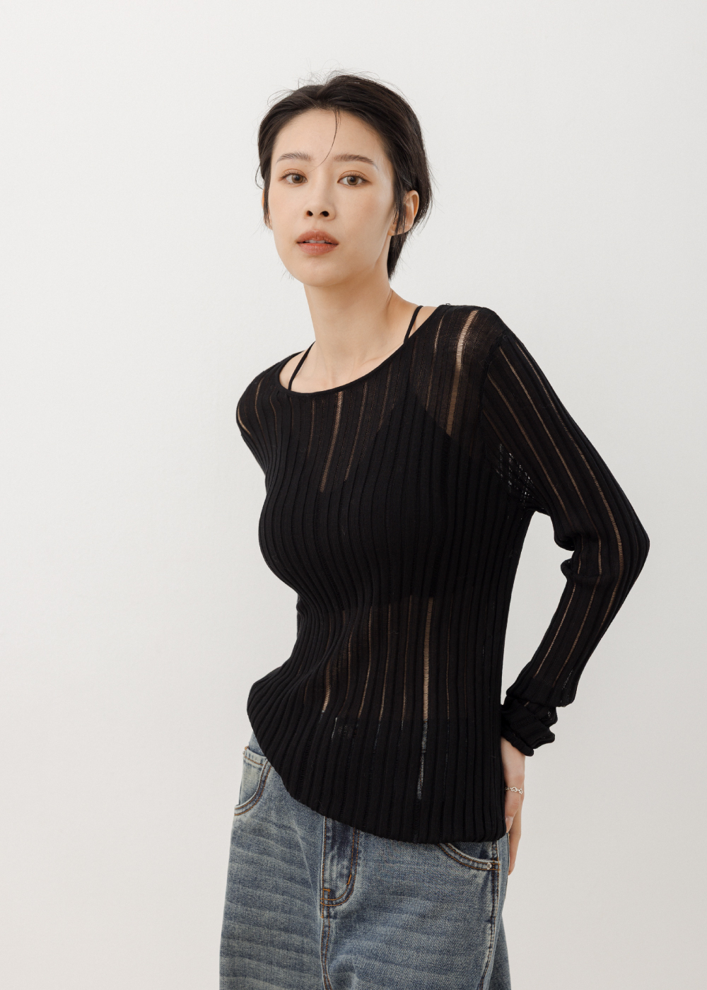 天絲羊毛微透針織上衣