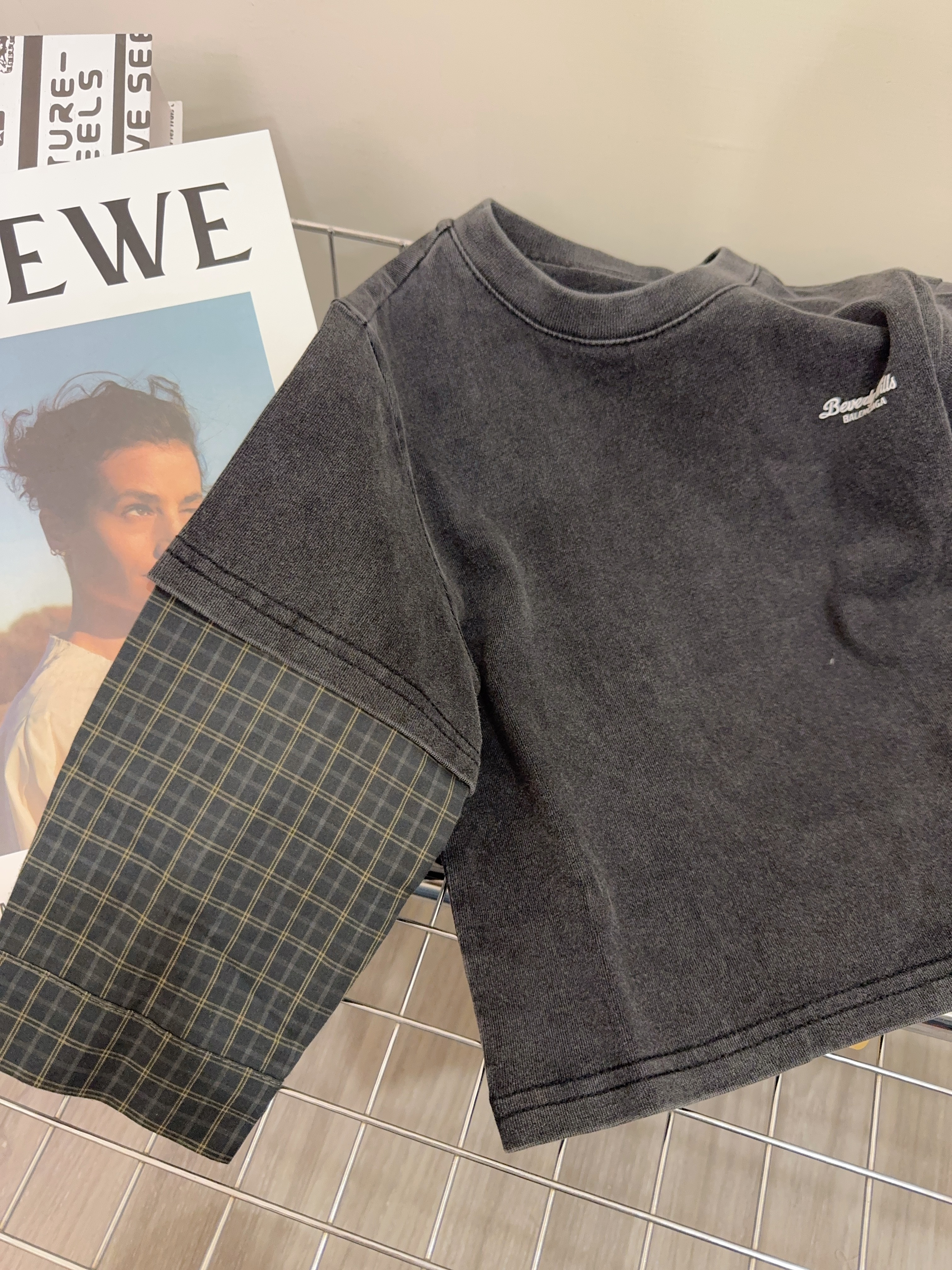 Ｍ25219-2水洗假兩件格子上衣c46