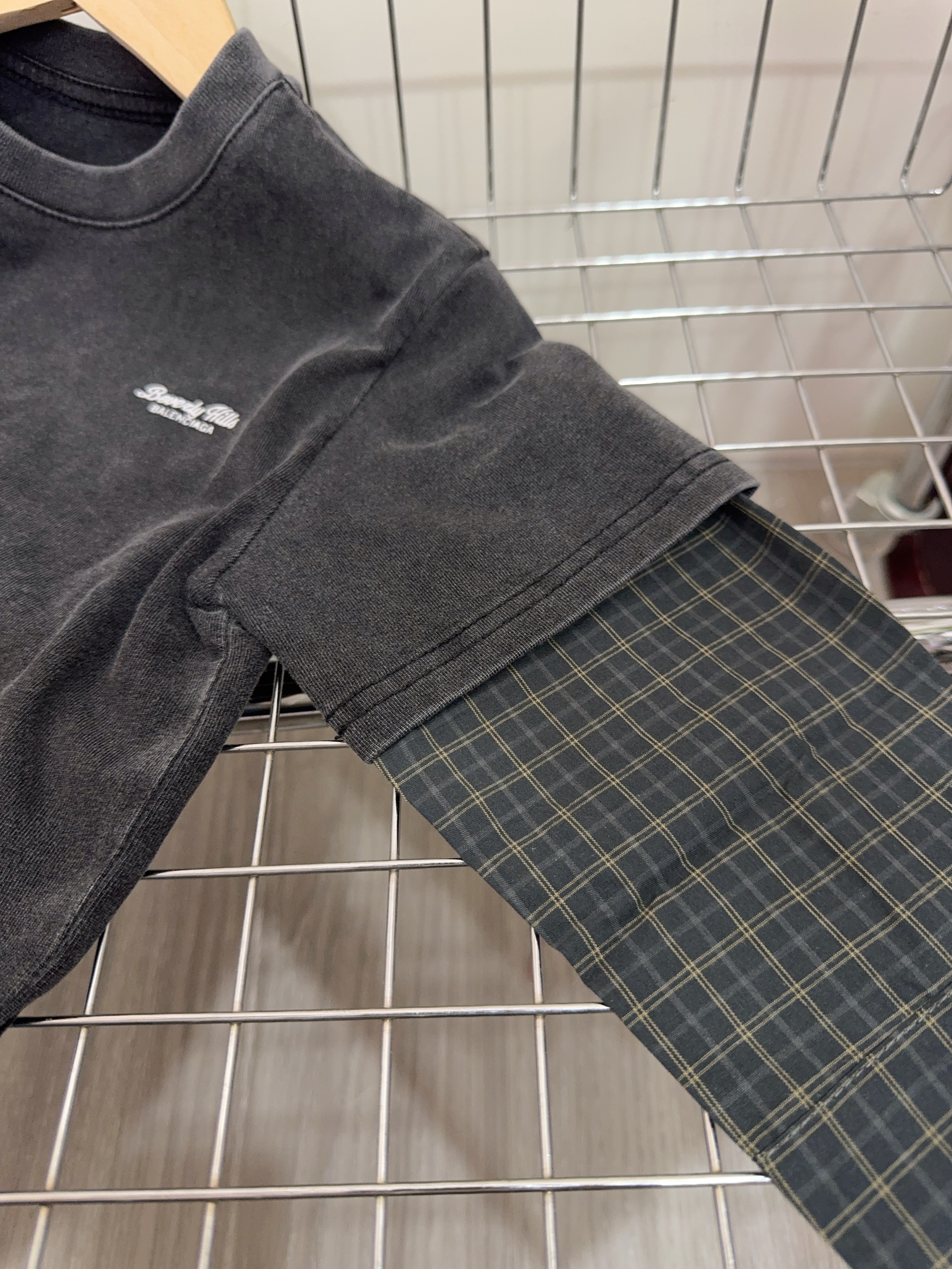 Ｍ25219-2水洗假兩件格子上衣c46