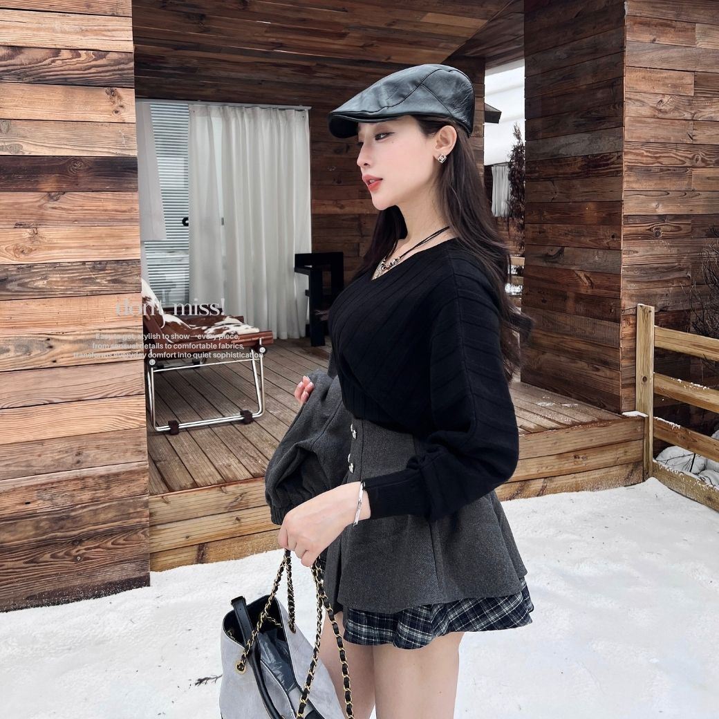 【必buy坑紋美學】DOMISS 顯瘦V領縮腰針織上衣 毛衣 針織衫-5色(現貨)