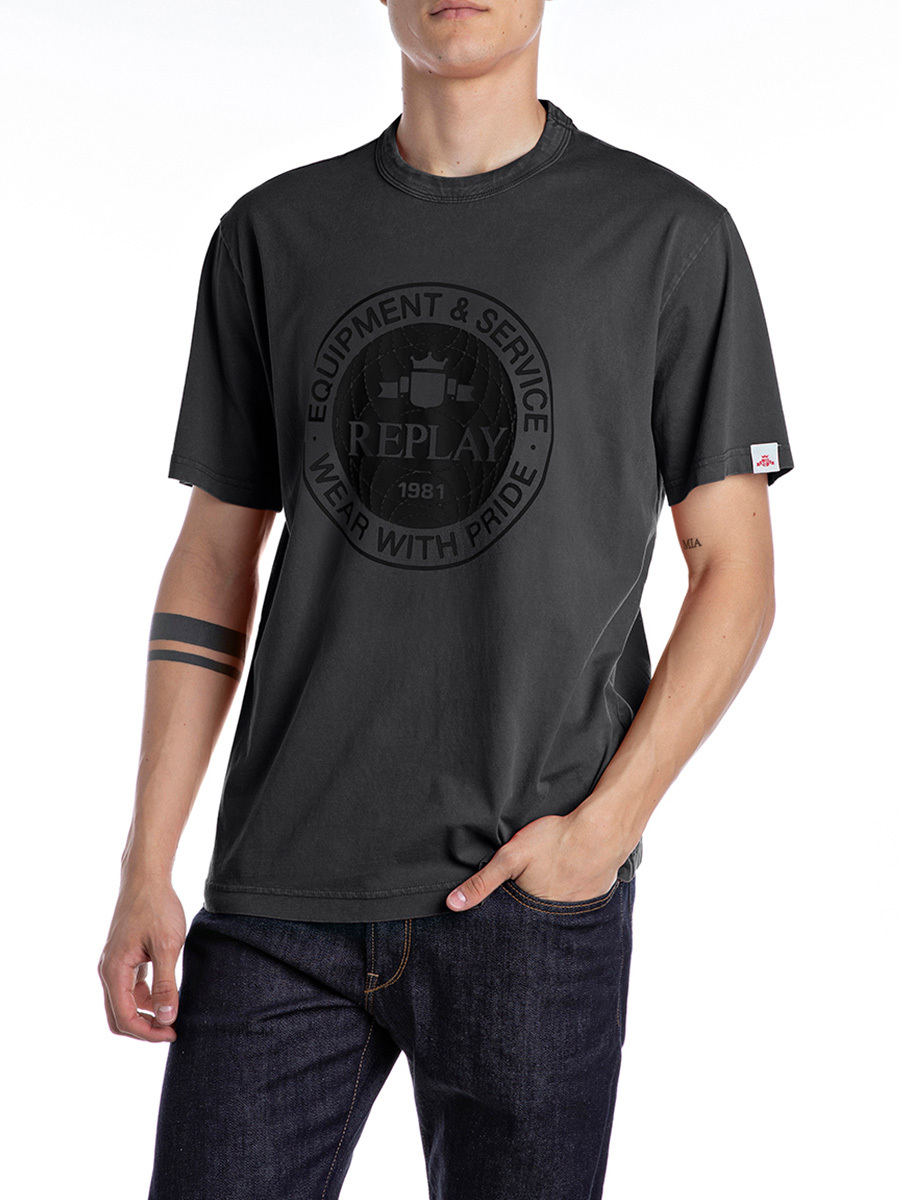 黑色圓形圖案印花T-shirt