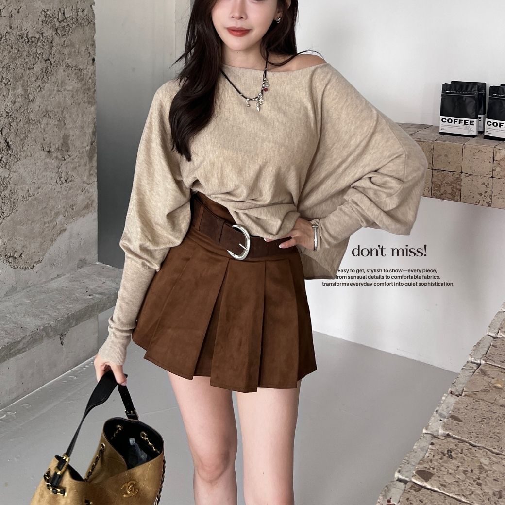 【許研look】DOMISS斜肩慵懶一字針織上衣 針織衫 毛衣 露肩毛衣-4色 (現+預)