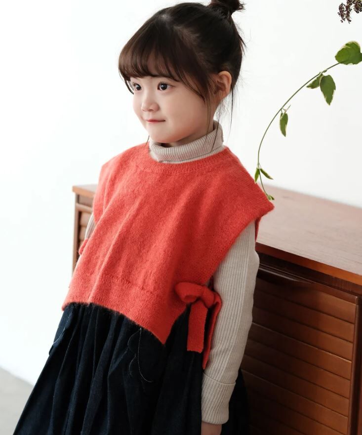 mes kids des fleurs 短版羊毛綁帶背心 Knitted vest-red