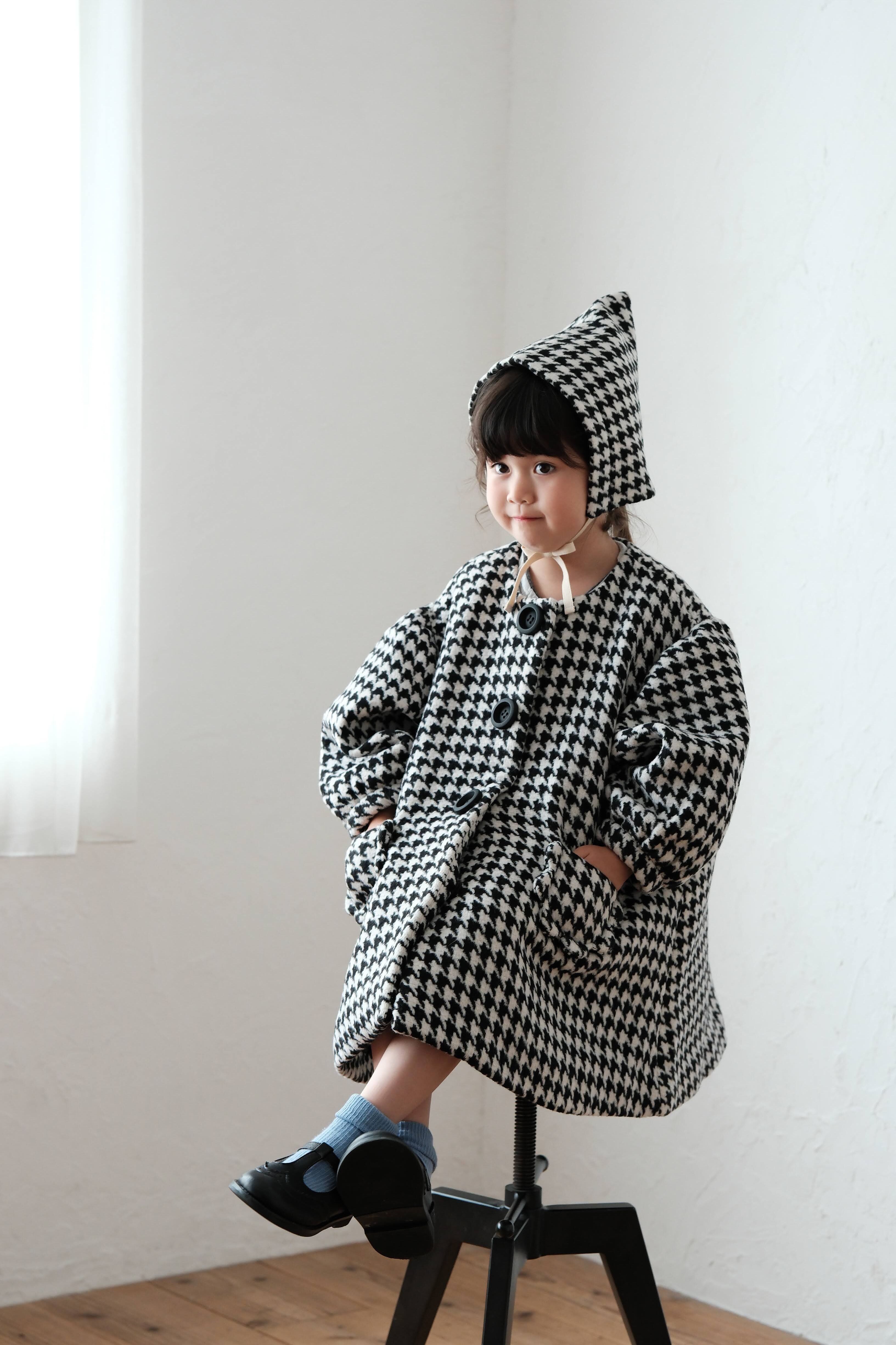 mes kids des fleurs 千鳥格燈籠袖大衣(含帽子) Houndstooth lantern sleeve coat-black