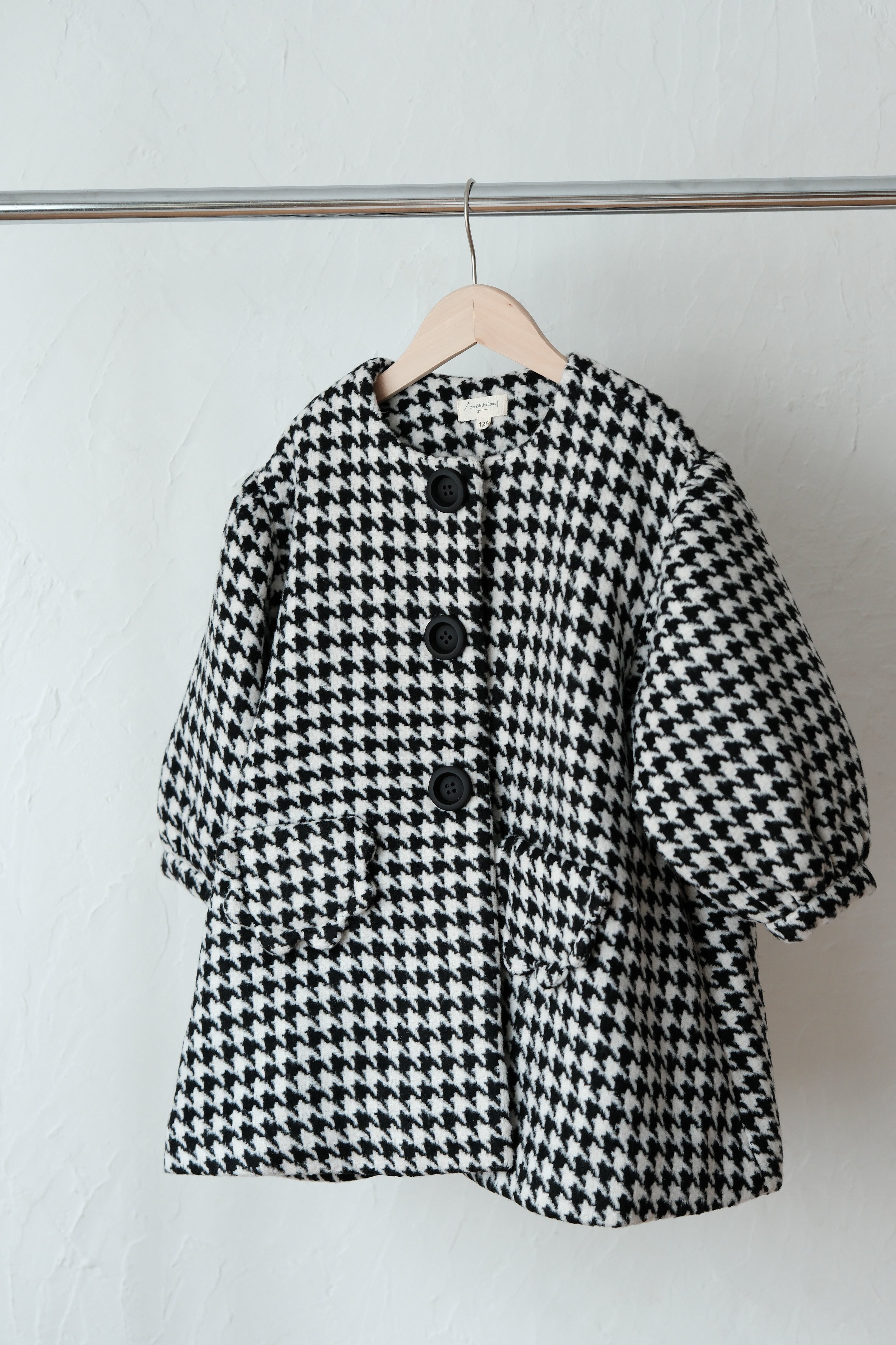 mes kids des fleurs 千鳥格燈籠袖大衣(含帽子) Houndstooth lantern sleeve coat-black