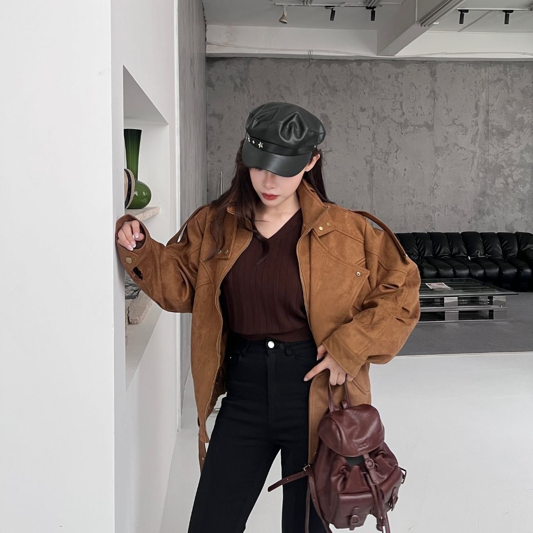 【騎士外套】DOMISS麂皮寬版騎士外套 麂皮外套 寬版外套 大衣-2色(現貨)