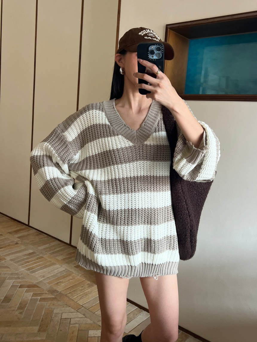 條紋V領粗針織毛衣*4色