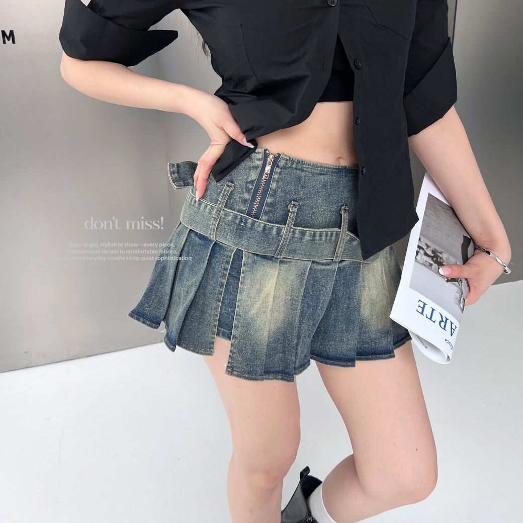 【爆款預警】DOMISS辣妹牛仔短裙 百褶短裙 短褲裙 裙子女生-2色(現貨)