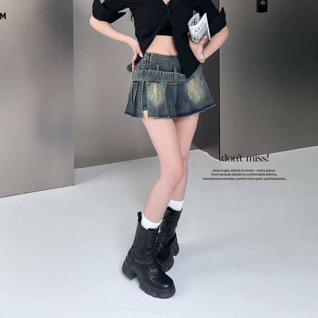 【爆款預警】DOMISS辣妹牛仔短裙 百褶短裙 短褲裙 裙子女生-2色(現貨)