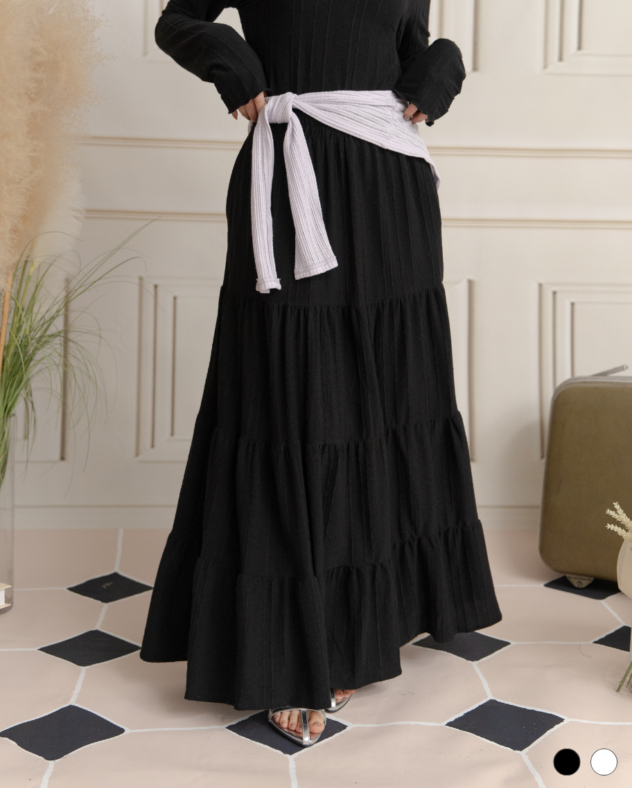 甜美細條紋毛邊蛋糕長裙