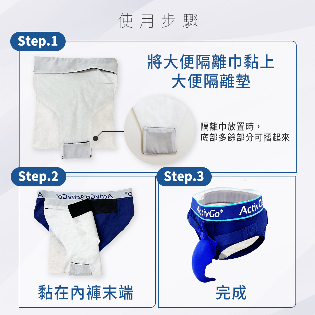 使用步驟,將大便隔離巾黏上大便隔離墊,第二步,黏在內褲末端