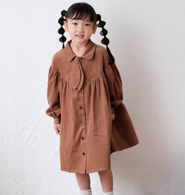 mes kids des fleurs 假領帶排釦洋裝 Bow tie dress - brown