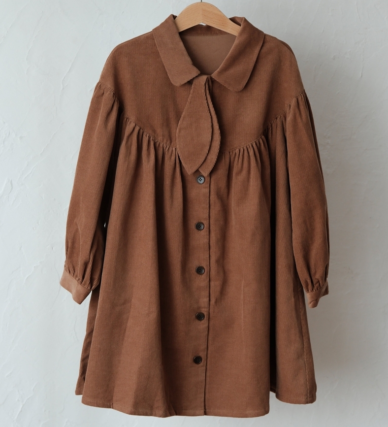 mes kids des fleurs 假領帶排釦洋裝 Bow tie dress - brown