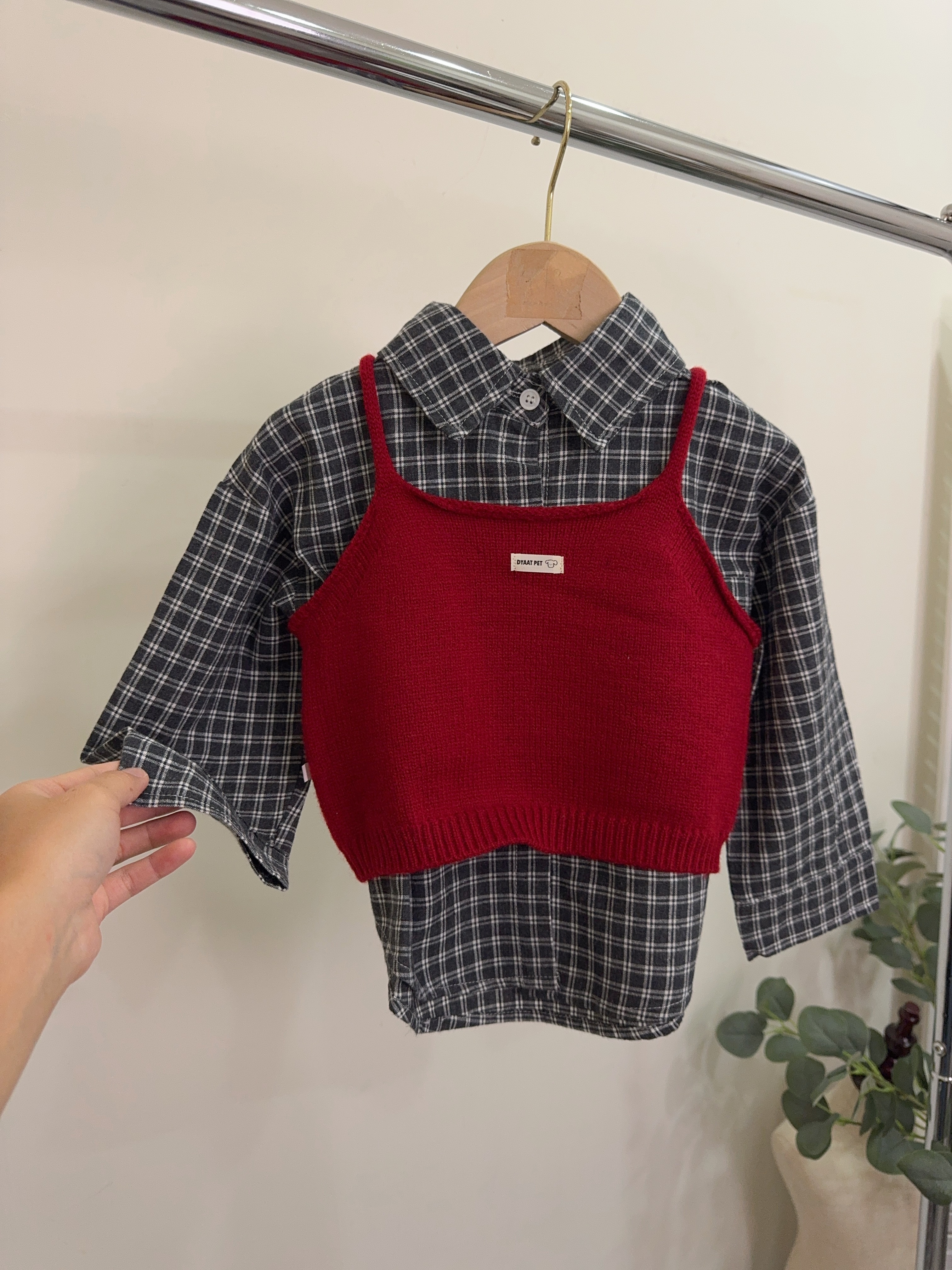 Q066兩件式格子針織背心＋襯衫c74