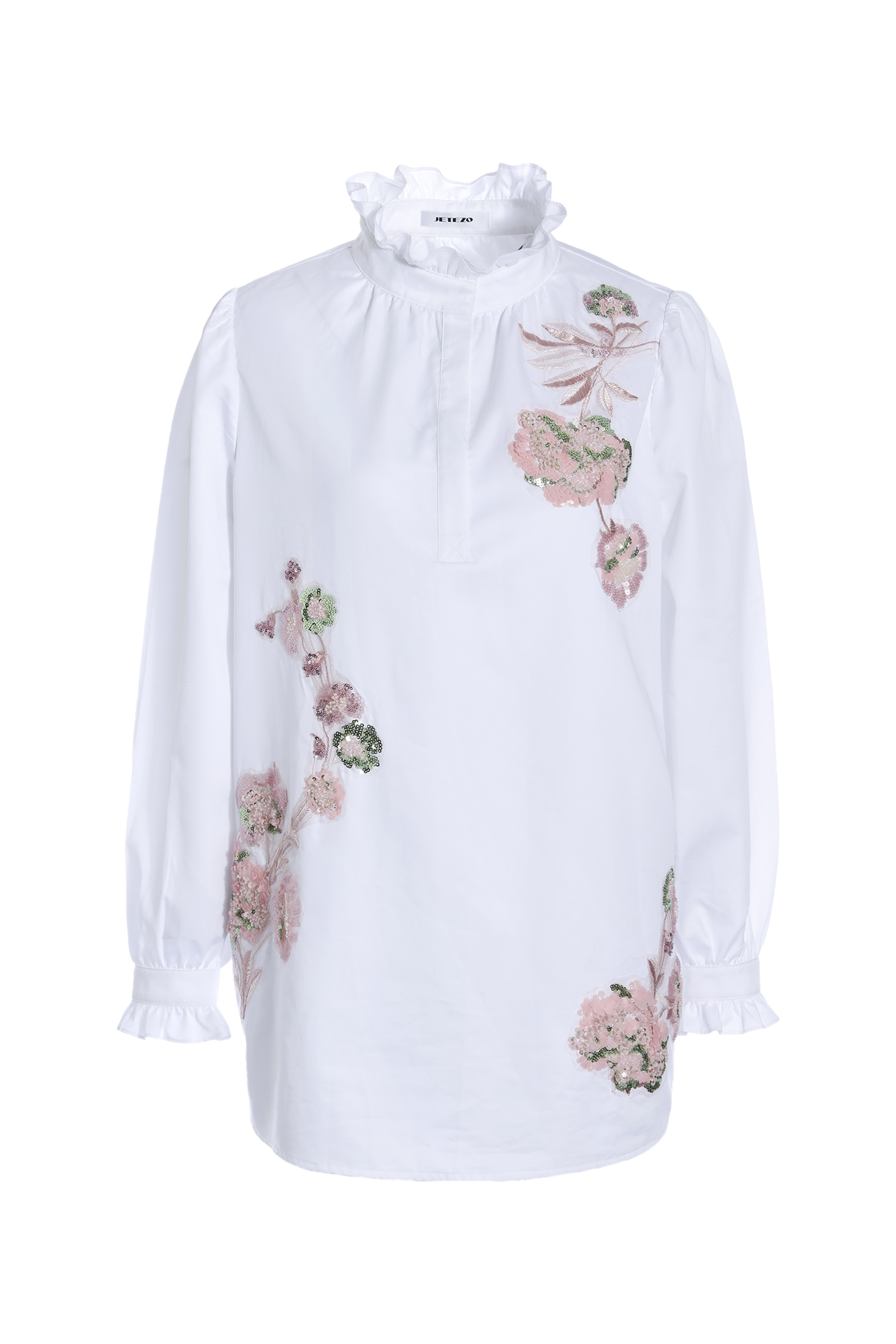 BE15111A1 春日詩篇綻放花卉刺繡荷葉高領襯衫