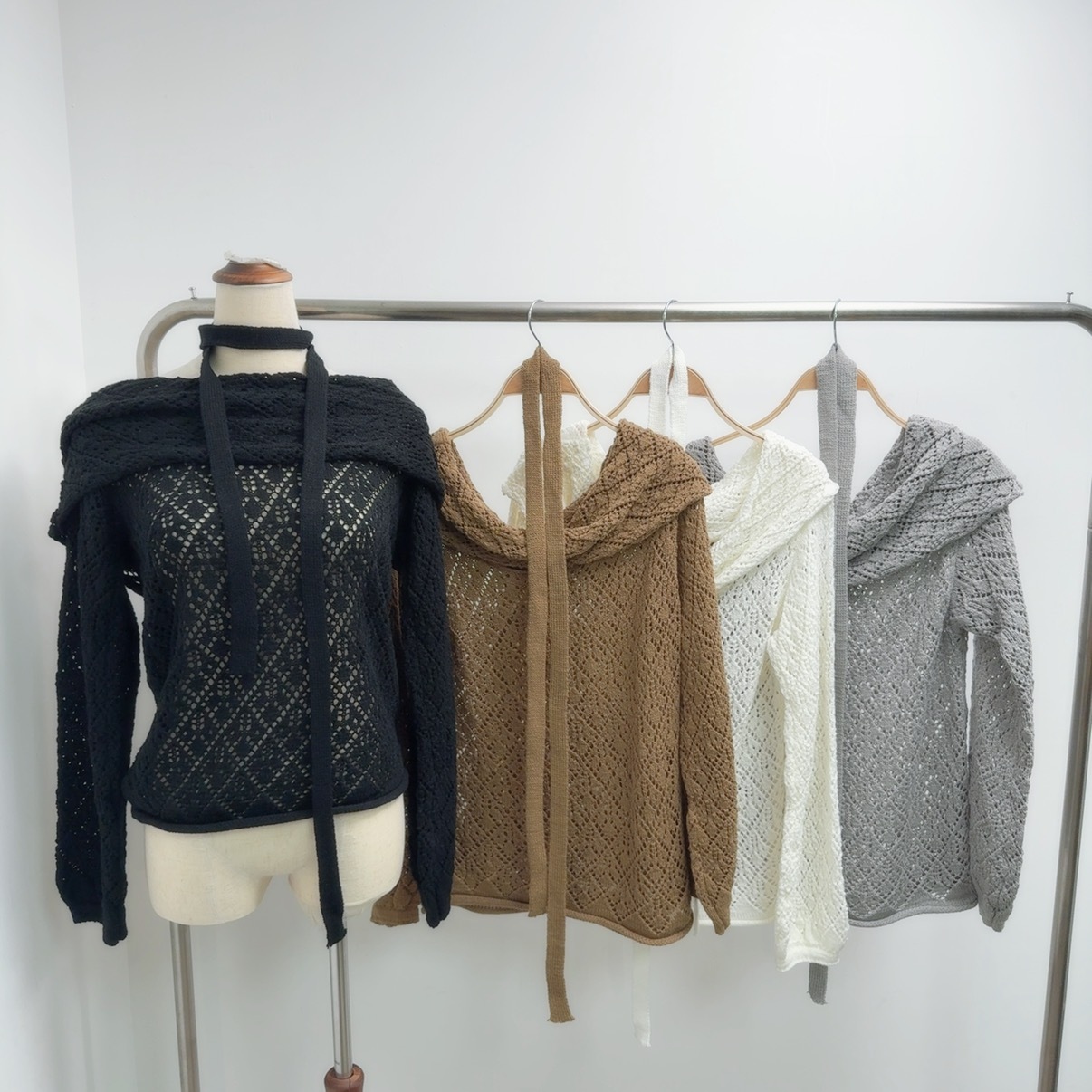 一字露膊通花針織腰帶束腰TOP (P59-P62)