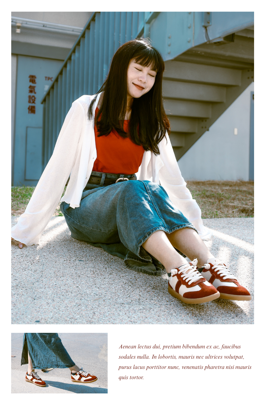 Sanly Joy 蘋果牛奶真皮德訓鞋穿搭示範,模特著紅白拼接牛皮德訓鞋,搭配牛仔長裙與紅色上衣展現自然休閒感。鞋款以柔軟真皮結合麂皮材質,質地細膩有層次,色調溫潤復古。整體造型散發文青與日常感,輕鬆打造秋冬舒適穿搭氛圍,呈現品牌經典且耐看的質感鞋履。