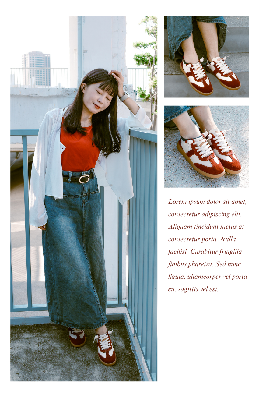 Sanly Joy 蘋果牛奶真皮德訓鞋穿搭展示,紅白拼接設計散發復古俐落感,柔軟真皮結合麂皮觸感細緻,搭配牛仔長裙與白襯衫,展現秋冬自然輕盈的文青氣息。鞋型修飾腳型比例,行走舒適不磨腳,呈現時尚與舒適兼具的日常穿搭風格,適合通勤與休閒造型。