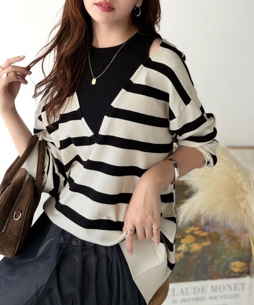 日本🇯🇵連線 Classical Elf 分層設計開衩針織衫 假兩件 針織衫 層次感 鏤空 長袖 4色(任買兩件711免運)/預購