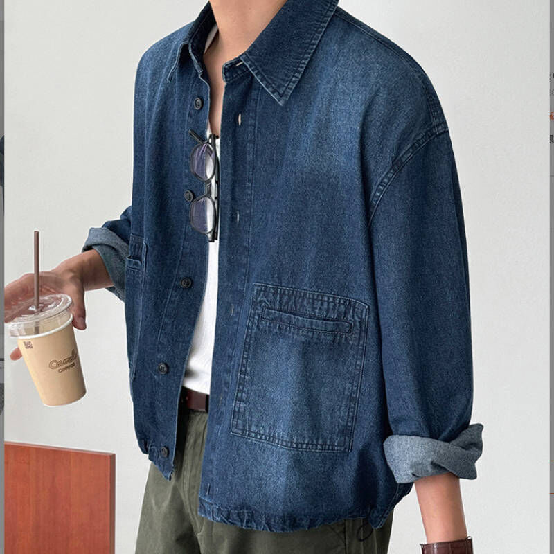 入秋必備韓男高級感水洗單寧牛仔長袖襯衫