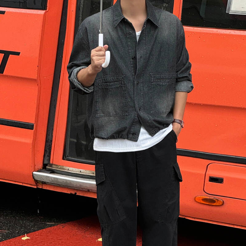 入秋必備韓男高級感水洗單寧牛仔長袖襯衫