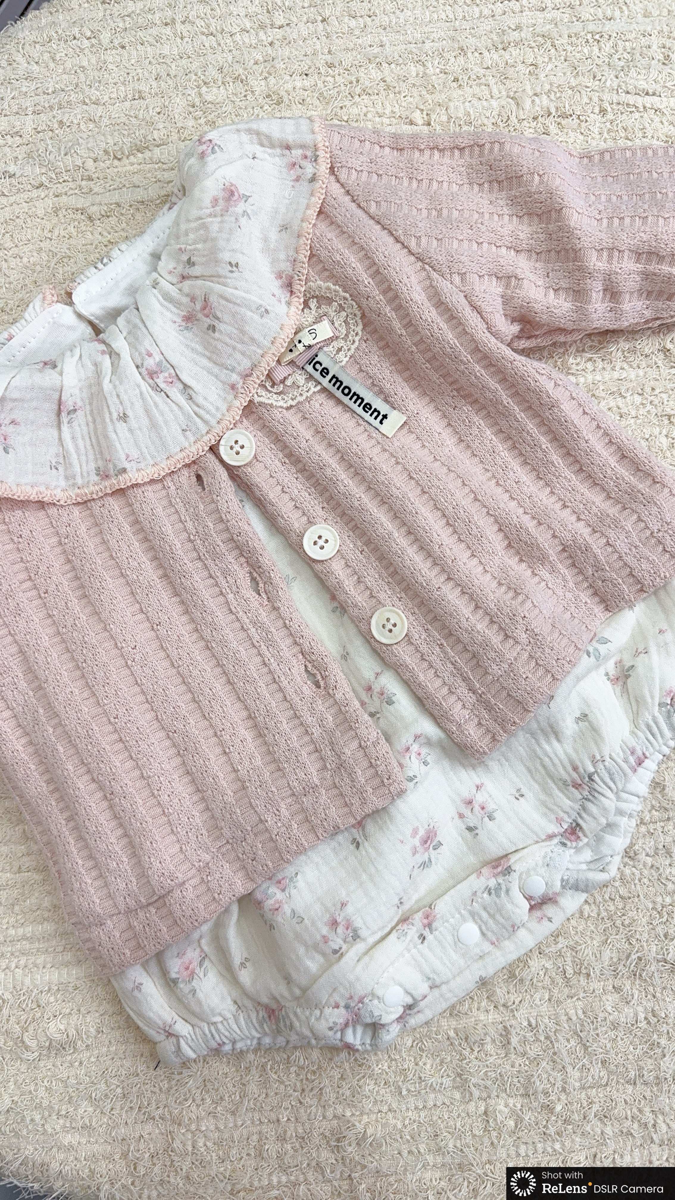 z1039粉色針織外套＋碎花包屁衣套裝c114