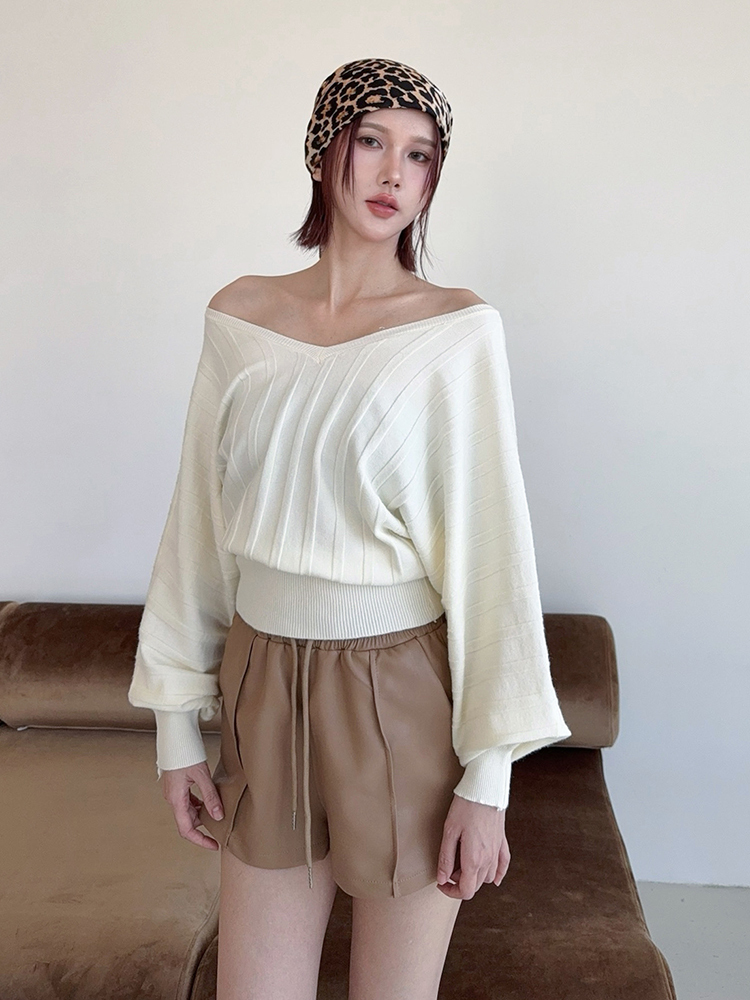 婉約歐膩 ! 縮腰V領針織泡泡袖上衣 (4色)