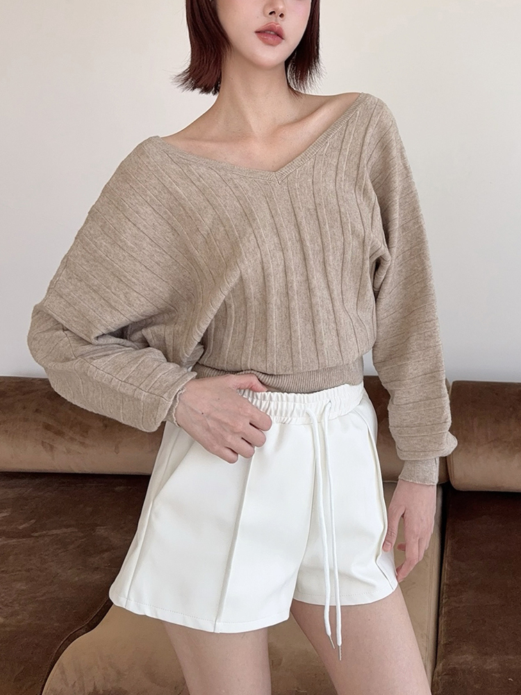 婉約歐膩 ! 縮腰V領針織泡泡袖上衣 (4色)