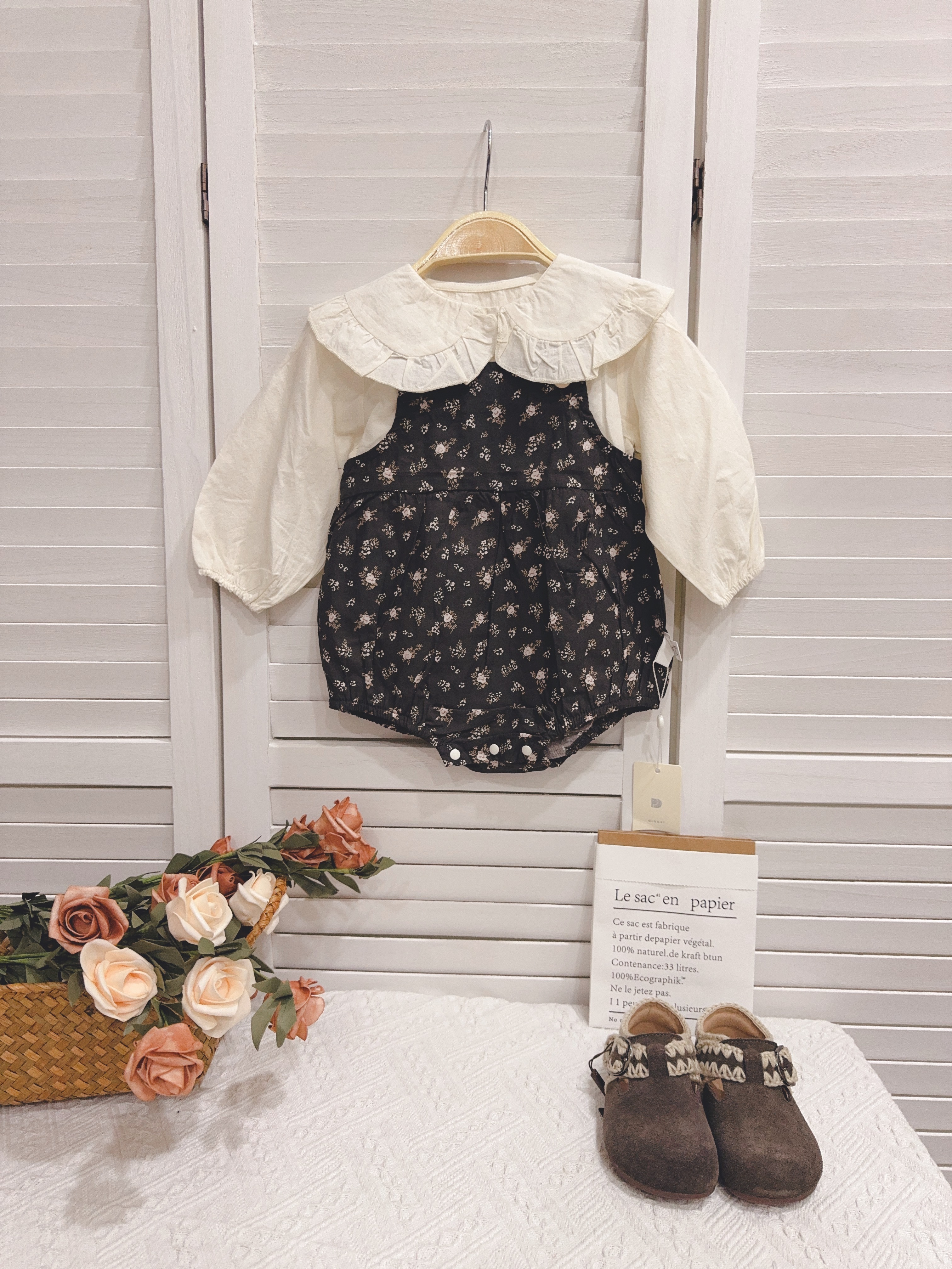 H3083荷葉領碎花連身套裝c119