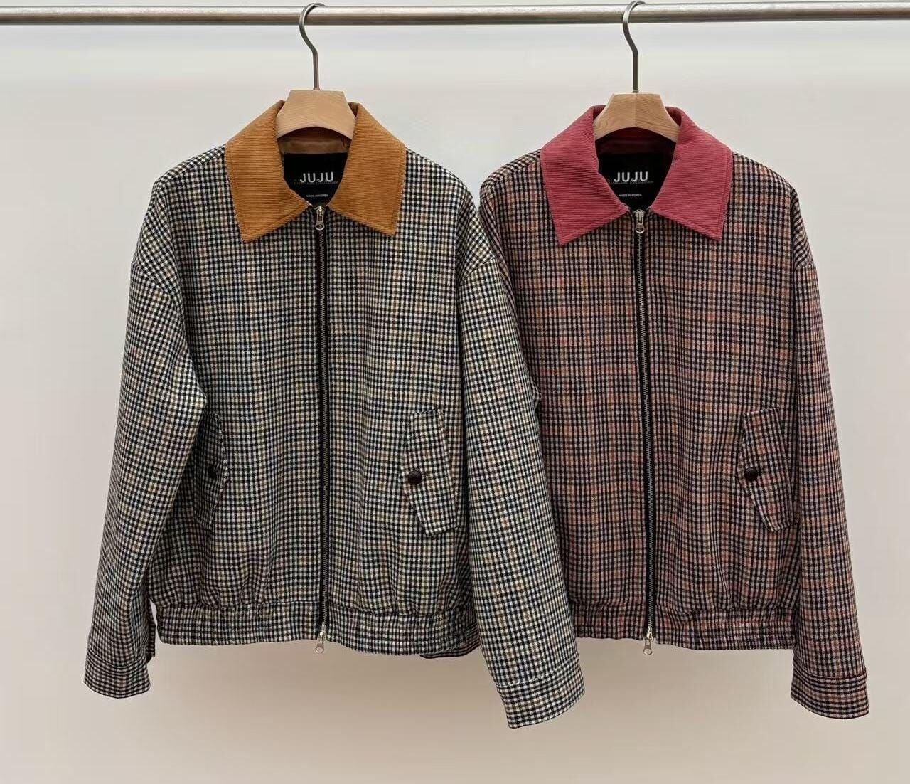 JU5159 復古格仔夾克外套 *粉啡*