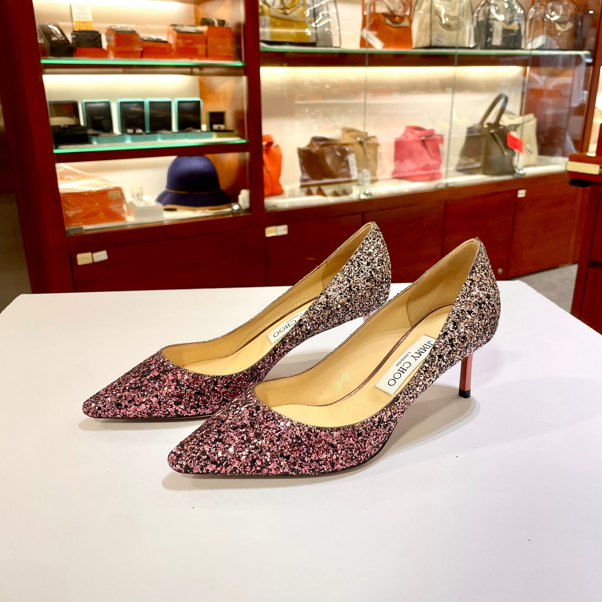 全新 JIMMY CHOO高跟鞋4CM 38碼 Romy 60 粉色漸變閃粉 #BRAND NEW #香榭站正品