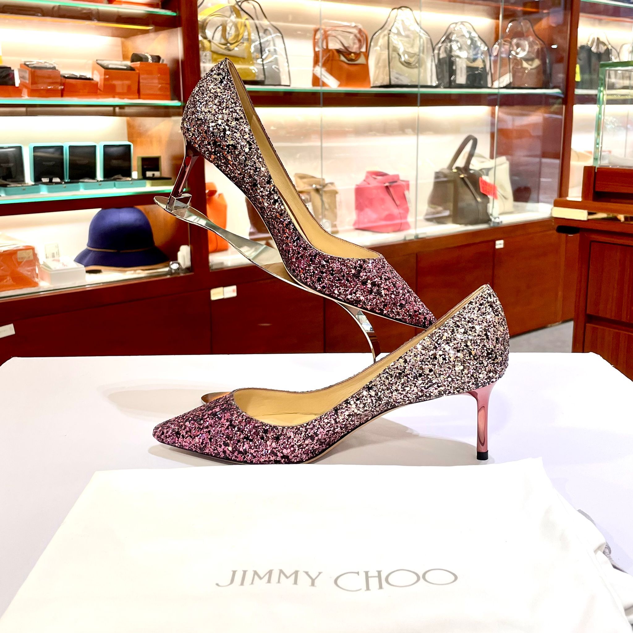 全新 JIMMY CHOO高跟鞋4CM 38碼 Romy 60 粉色漸變閃粉 #BRAND NEW #香榭站正品