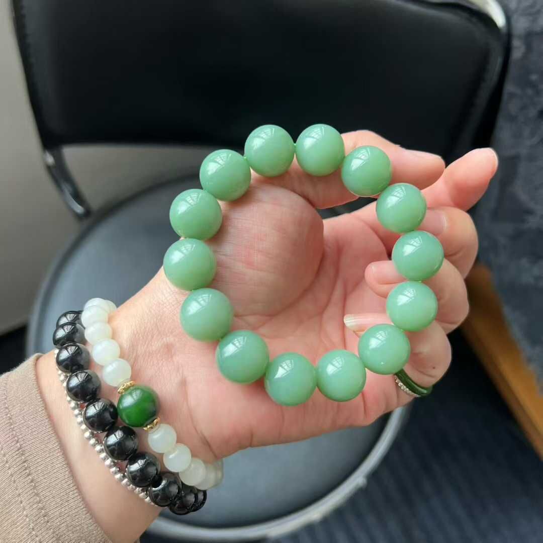 和田玉碧玉高瓷粉綠手串 (15mm直徑),天然和田玉軟玉