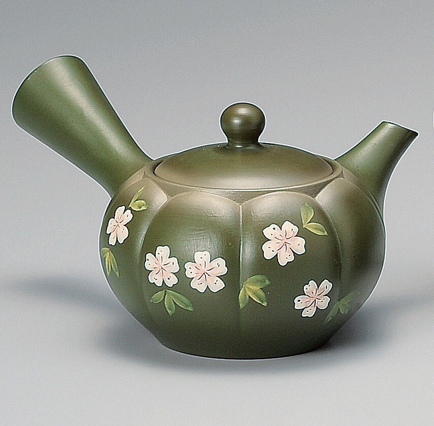 日本製 茶壺 常滑燒 富仙作菊型櫻綠 急須