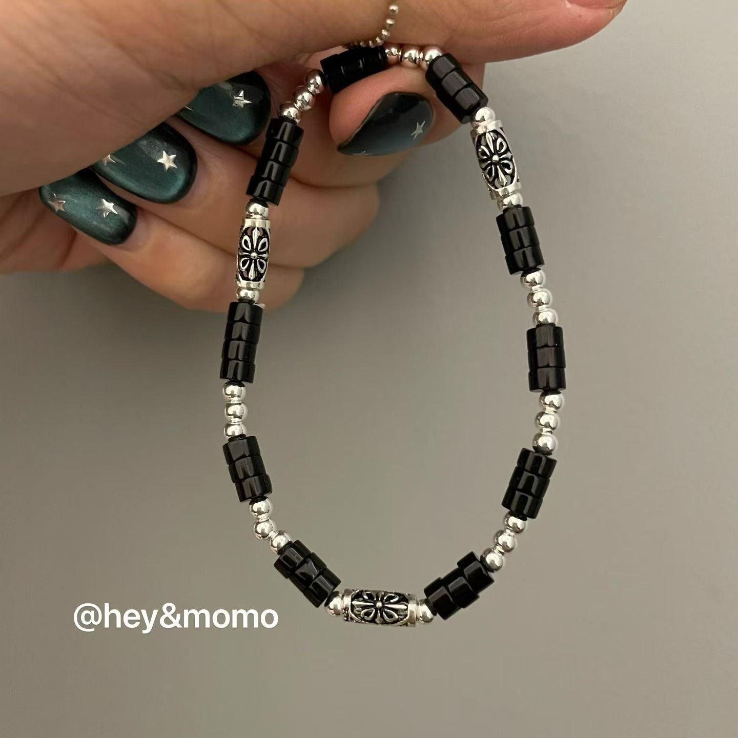 HM5103 ⚪925銀克羅心轉運桶➕黑瑪瑙算盤珠彈力繩手鍊