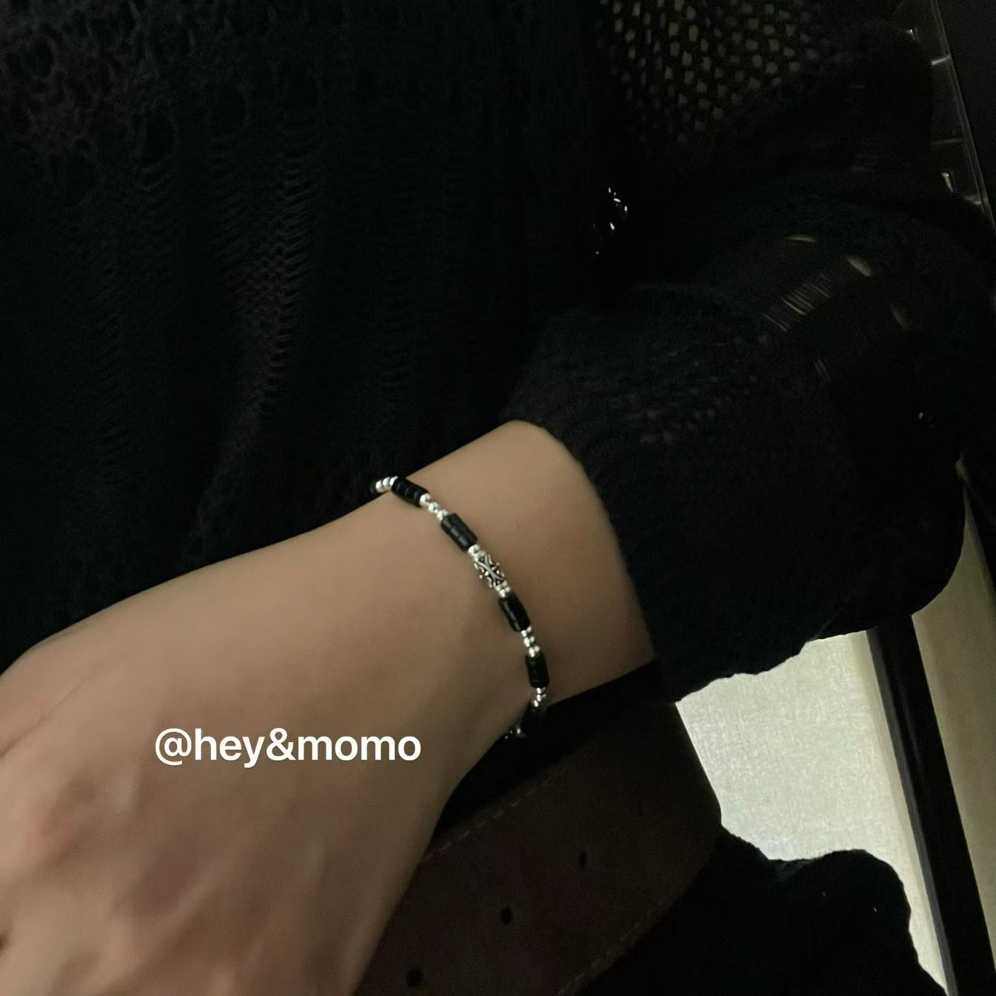 HM5103 ⚪925銀克羅心轉運桶➕黑瑪瑙算盤珠彈力繩手鍊