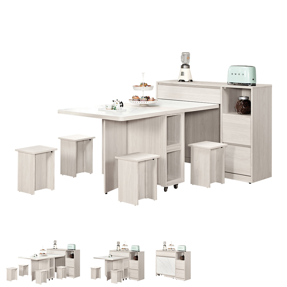 奧菲3.9尺仿石面多功能餐櫃餐桌/伸縮折疊餐桌中島櫃(收納餐櫃+折合餐桌+椅凳四入)