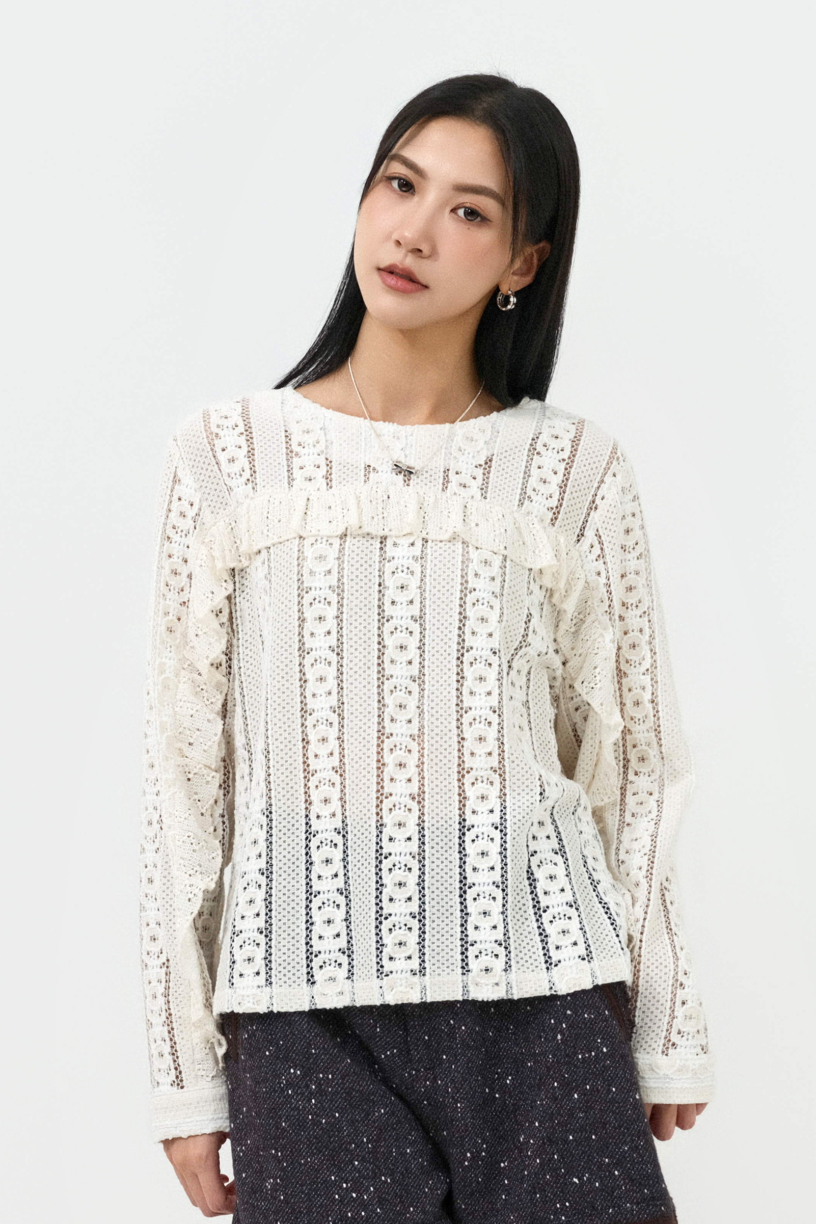 花條紋網荷葉邊上衣 (預購產品）