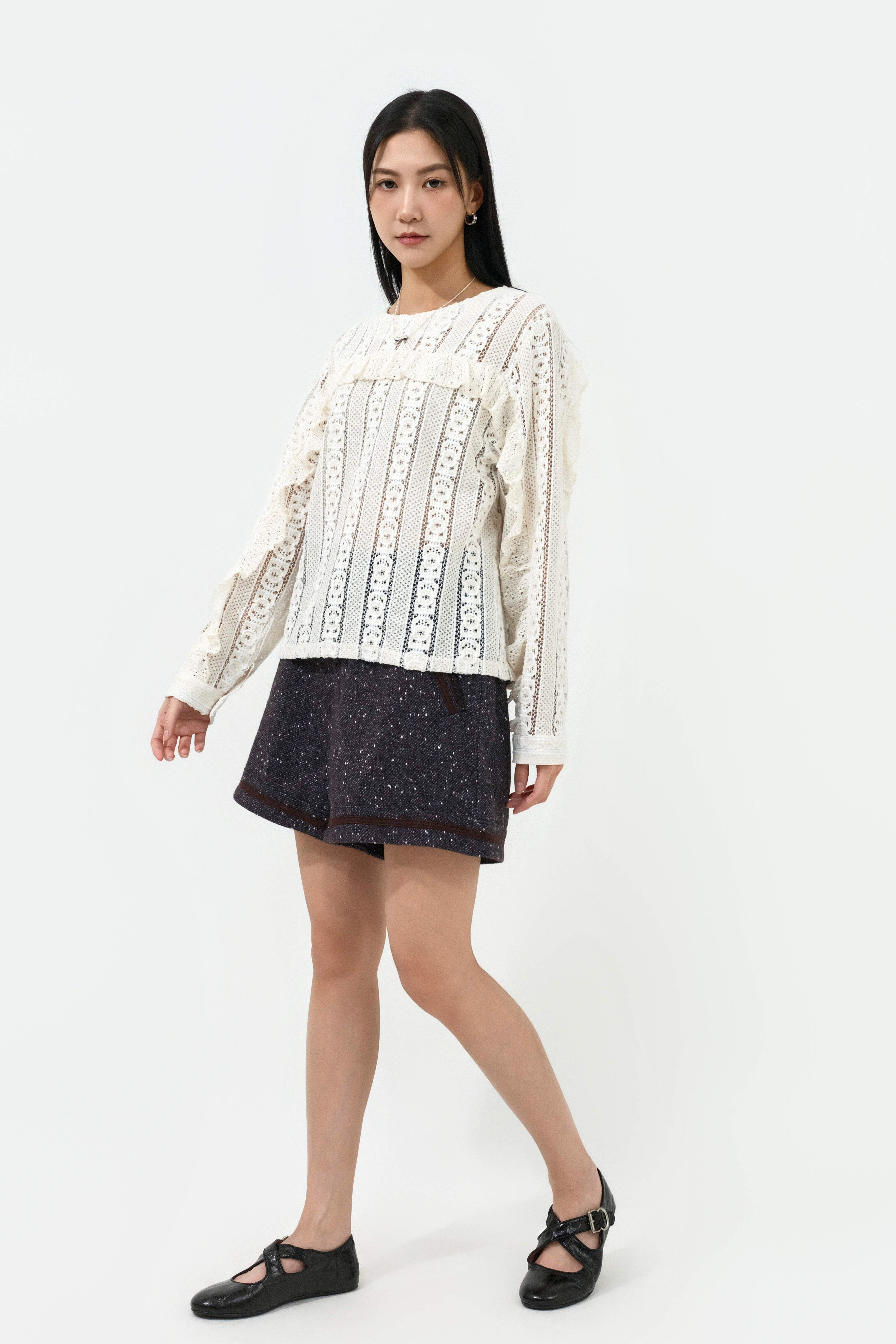 花條紋網荷葉邊上衣 (預購產品）