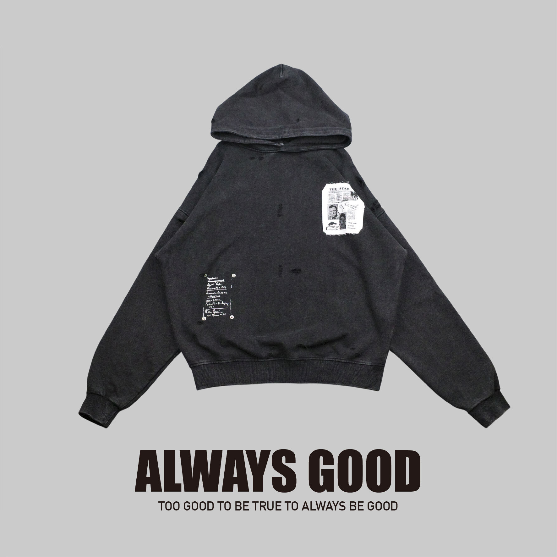 『Always_Good』水洗 貼布 做舊 破洞 帽TEE