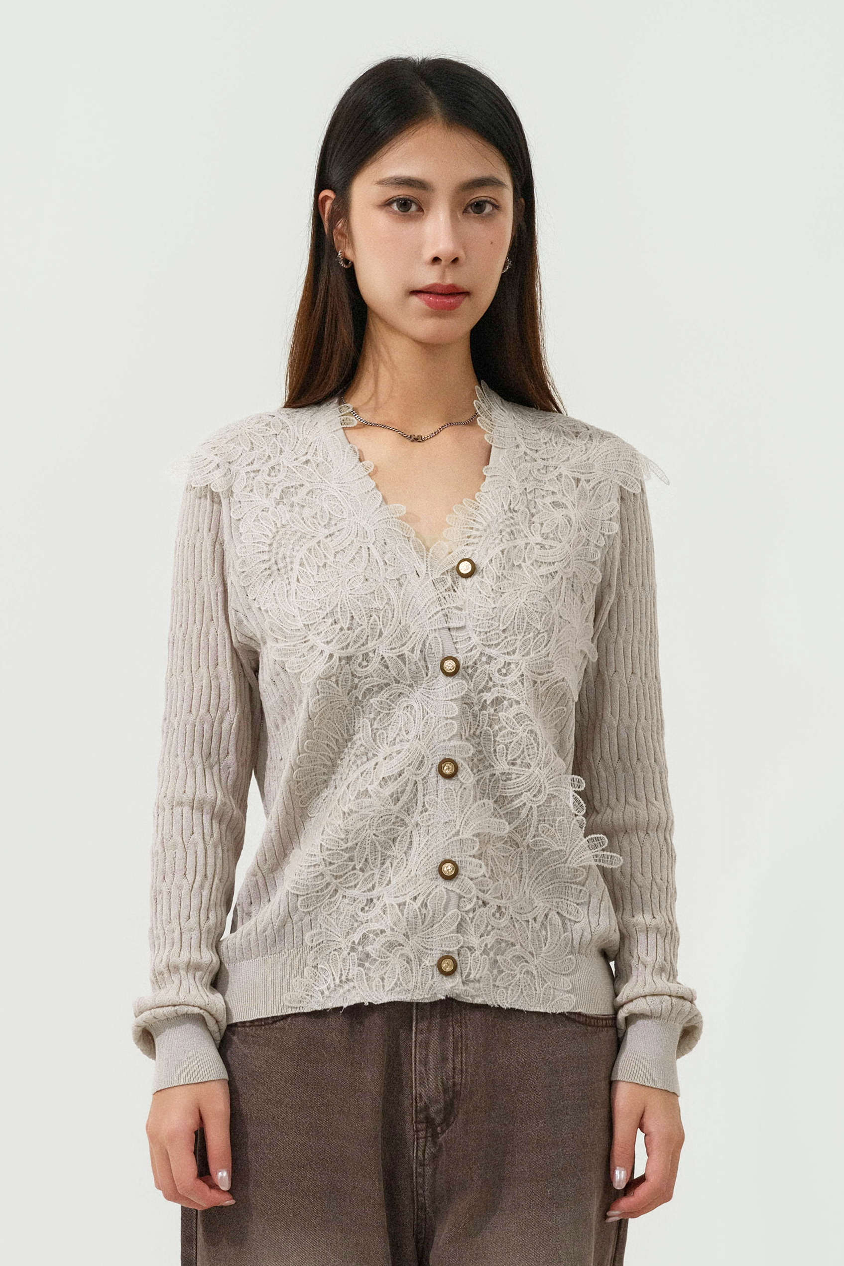 大花邊領幼扭繩針織cardigan (現貨款式）