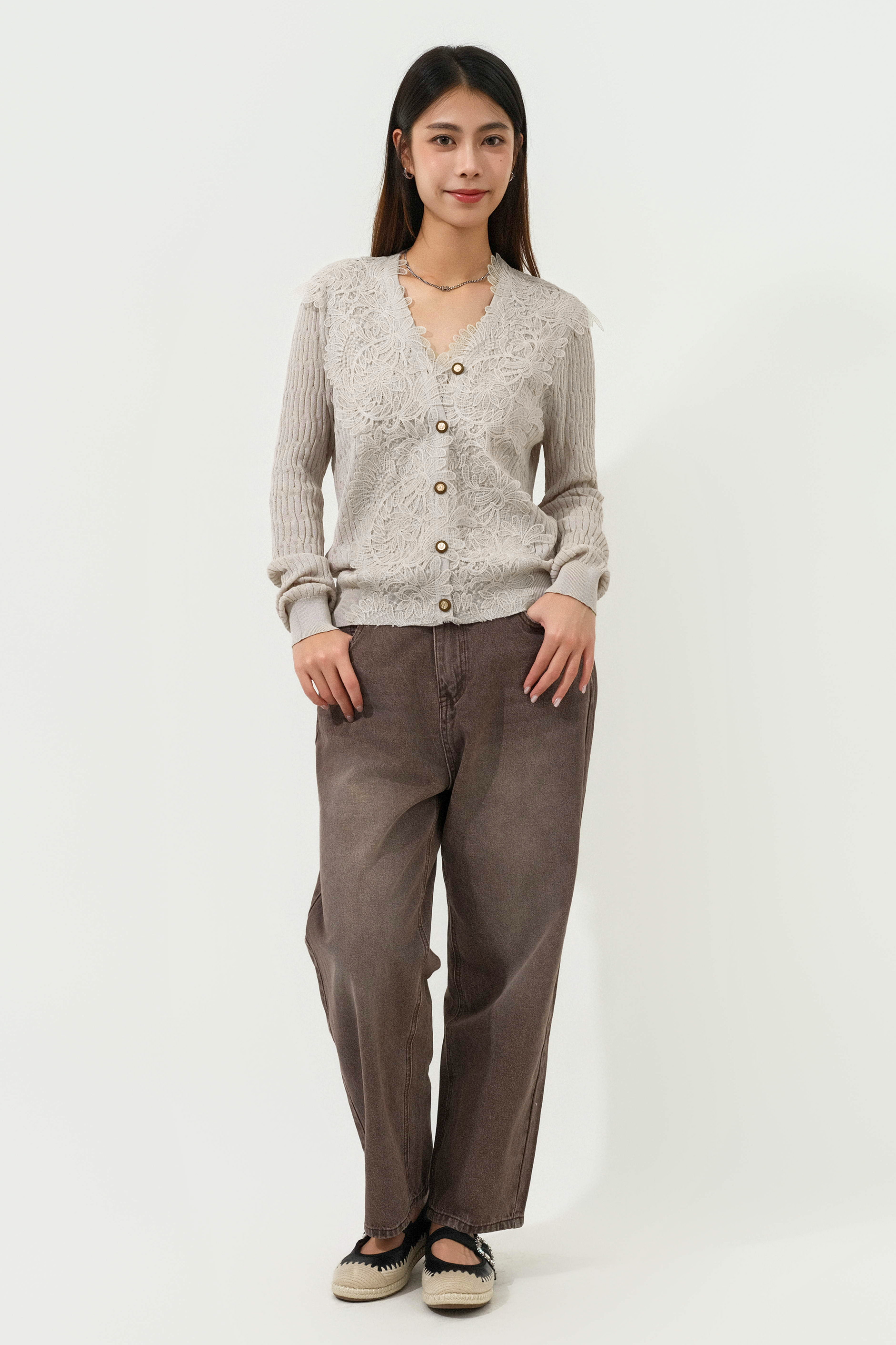 大花邊領幼扭繩針織cardigan (現貨款式）