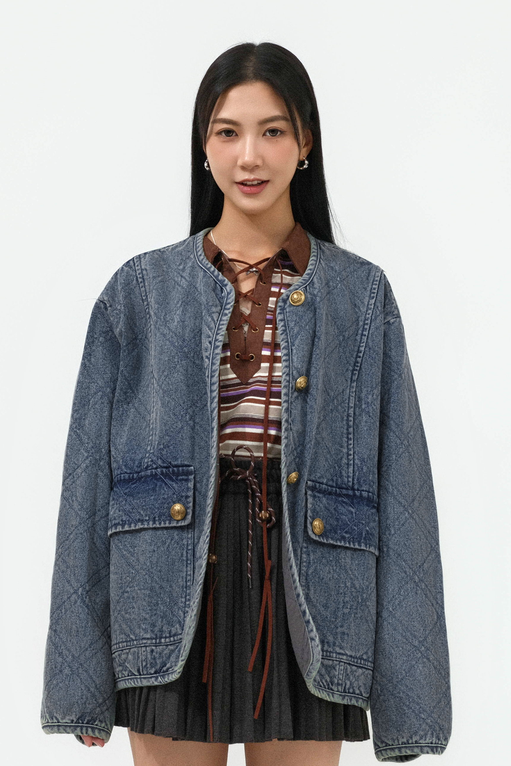 菱格薄間棉小香風牛仔褸 (預購產品）